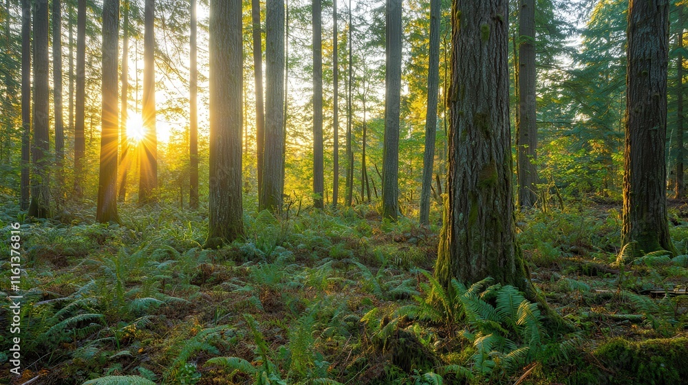 Obraz premium A beautiful sunrise in a lush green forest, featuring tall trees and vibrant ferns. Nature awakens with golden light, creating a peaceful and serene atmosphere.