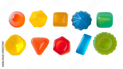 Colorful gummy candies in various shapes and bright hues arranged on a clean white background, creating a fun and playful candy display