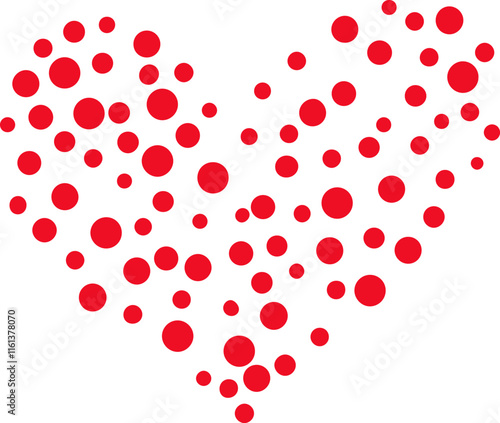 Red polka dots in varying sizes create a heart shape against a crisp white background, forming a simple yet eye catching design that symbolizes love and romance