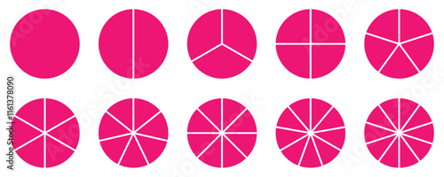 Pink segmented donut chart icons showing circle divided into equal parts. Great for pie chart design, statistics, infographics, business reports, data analysis, or process diagrams. Icons, vector.