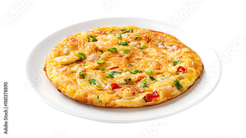 Delicious omelette on a white plate, with a golden, fluffy texture and savory filling, placed against a clean white background