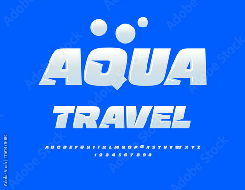 Vector creative concept Aqua Travel. Modern Elegant Font. Glossy White Alphabet Letters and Numbers set.