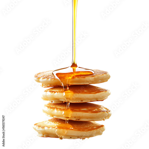 Floating pancakes with golden syrup cascading over them, placed on a plain white background, perfect for showcasing their tempting appearance