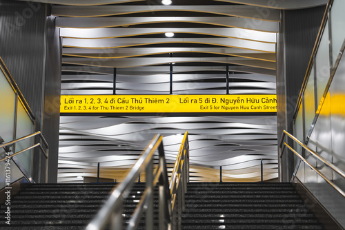 Interior view of the metro train entering the Ba Son station. An intermodal transfer station complex, part of the Ho Chi Minh City Metro 01 system. Travel concept.