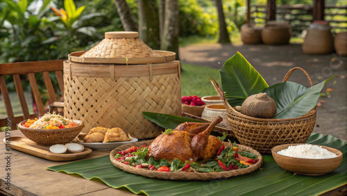 Outdoor feast setup featuring ayam betutu surrounded by traditional dishes in a lush setting photo