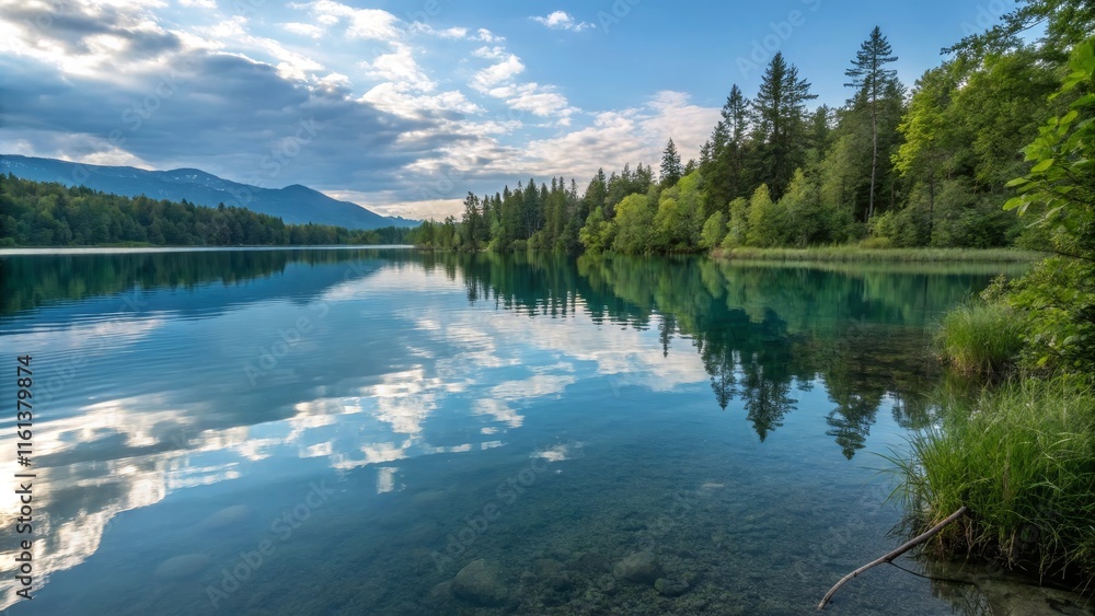 Fototapeta premium Serene mountain lake with forest reflections under a cloudy sky