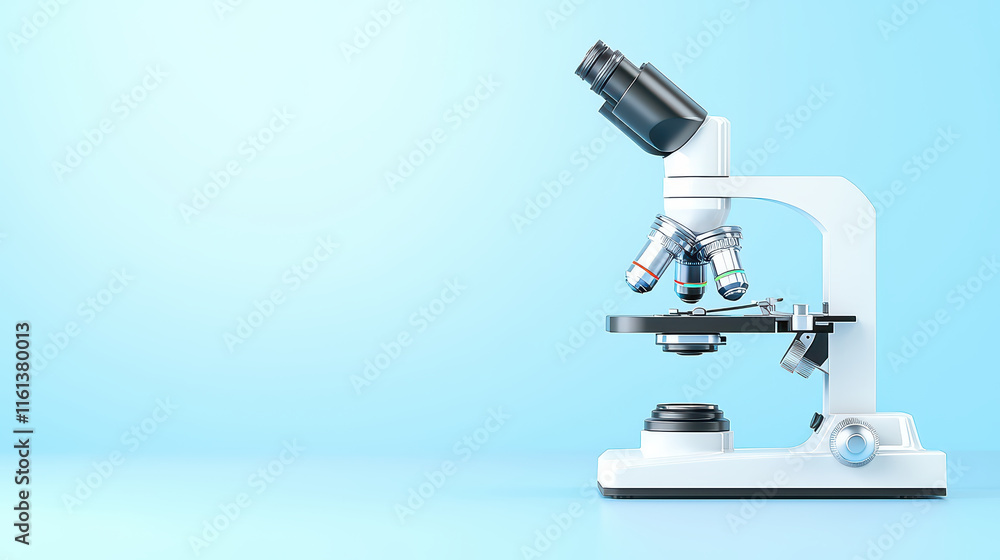 close up of microscope on blue background, showcasing its detailed features and design. This captures essence of scientific exploration close up of microscope on blue background, showcasing its detailed features and design. This captures essence of scientific exploration