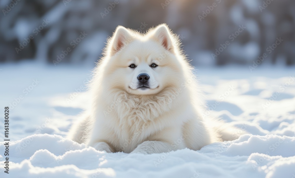 Fluffy white Samoyed resting in the snow Fluffy white Samoyed resting in the snow