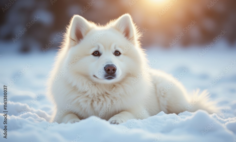 Fluffy white dog resting in snow Fluffy white dog resting in snow
