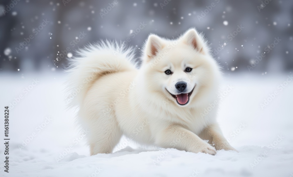 Playful Samoyed puppy in winter scene Playful Samoyed puppy in winter scene