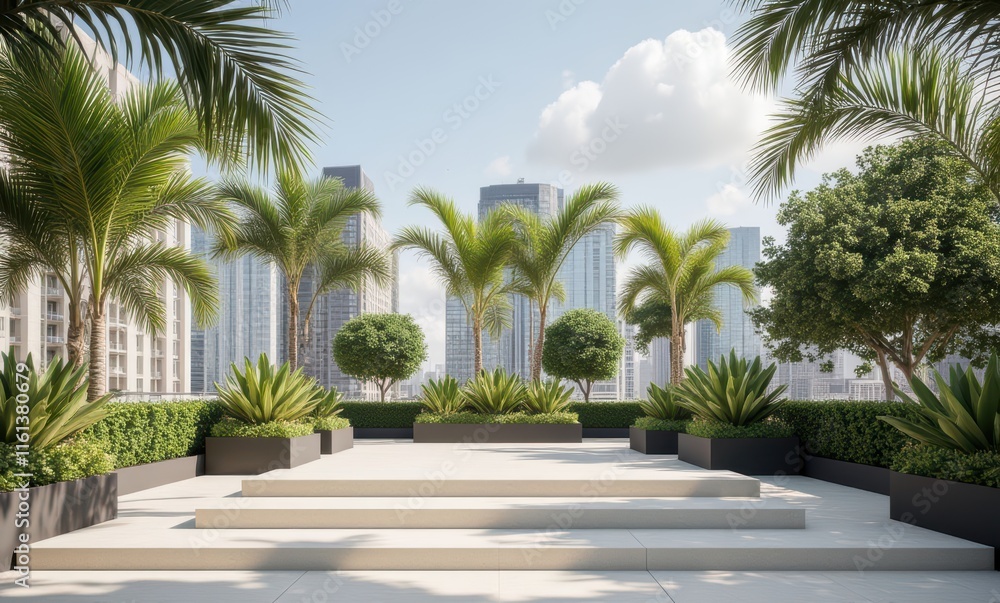 Tranquil urban rooftop garden with palms Tranquil urban rooftop garden with palms