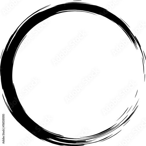 Hand drawn black grunge circle forming a dynamic frame with energetic brushstrokes, creating a captivating contrast against a clean white background and evoking a sense of motion