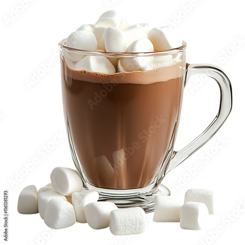 Glass filled with hot chocolate and a pile of marshmallows placed on a plain white background, perfect for showcasing warmth and sweetness