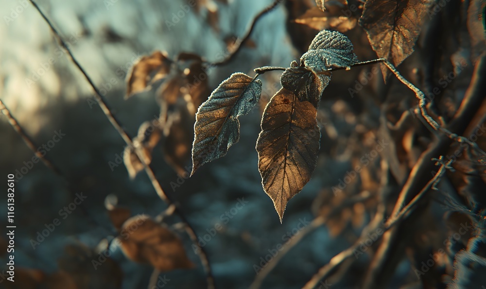 Obraz premium Frosted autumn leaves on a branch at sunset.
