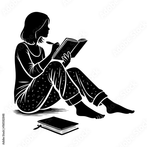 Young woman writing in diary silhouette illustration