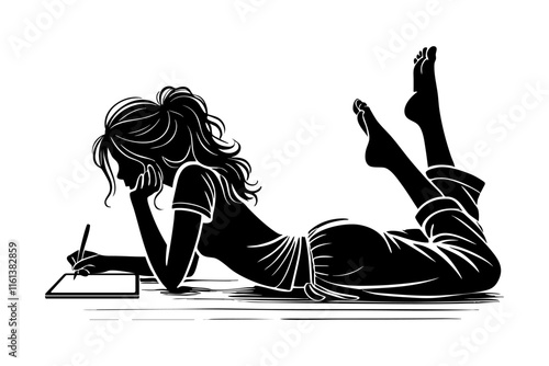 Silhouette of young woman lying on stomach drawing on tablet. vector illustration
