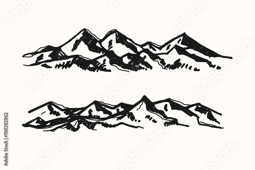 Vector with Alps Mountains sketches. Hand drawn set with Hilly landscape and rocks. Tourism, travel, nature, lifestyle. For sign, card, print, logo, paper, poster, tattoo
