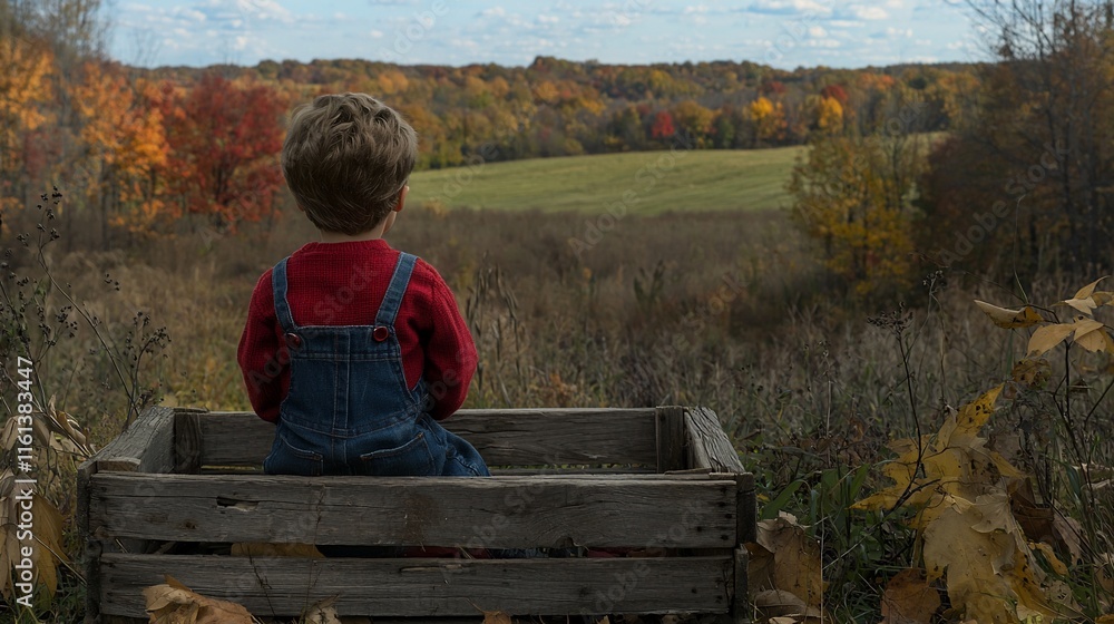Fototapeta premium Toddler sitting on crate, admiring autumn landscape.