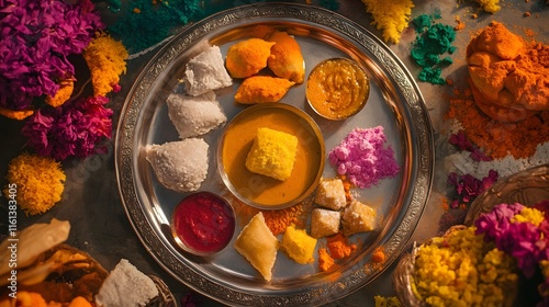 A vibrant overhead shot of a silver platter laden with Indian sweets and savories, surrounded by colorful flowers and powders, suggesting a festive occasion or ritual. photo