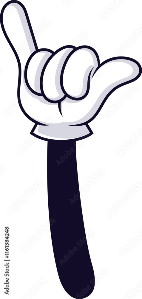 Cartoon hand gesturing with thumb and little finger extended, representing the shaka sign, often linked to surfing and Hawaiian culture, expressing coolness and aloha Cartoon hand gesturing with thumb and little finger extended, representing the shaka sign, often linked to surfing and Hawaiian culture, expressing coolness and aloha