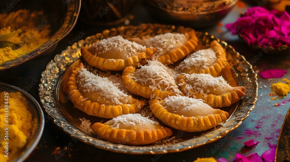 A close-up shot of delicious Gujiya, traditional Indian sweet dumplings, sprinkled with coconut, served on an ornate metallic plate. Vibrant Holi colors are visible in the background. A close-up shot of delicious Gujiya, traditional Indian sweet dumplings, sprinkled with coconut, served on an ornate metallic plate. Vibrant Holi colors are visible in the background.