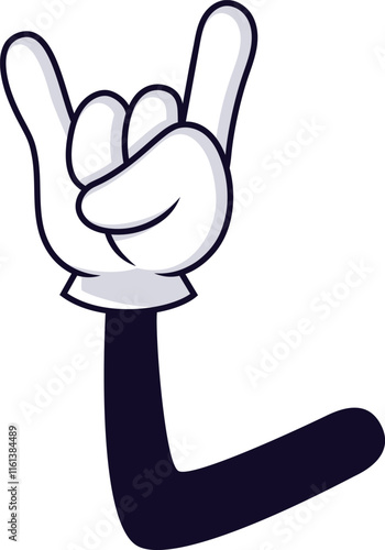 Cartoon hand displaying the rock and roll gesture with index and little finger raised, expressing enthusiasm for music, concerts, and vibrant festival experiences