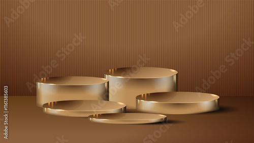 Five Gold podium in different sizes elegant background of luxury empty presentation studio product decoration golden pedestal copy