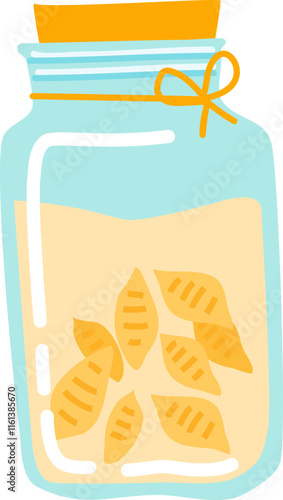 Conchiglie pasta stored in a glass jar featuring an orange lid and an orange ribbon, maintaining freshness and extending longevity for an organized pantry and home cooking