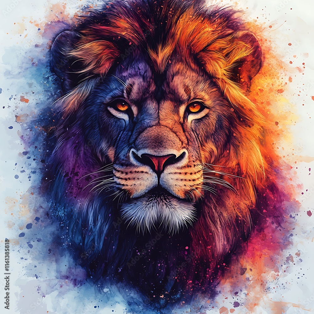 Fototapeta Vibrant Watercolor Lion Portrait Showcasing Artistic Illustration in Captivating Photo