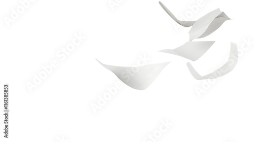 White paper flying in the air on a plain transparent background, creating a simple and clean look with a feeling of motion and freedom