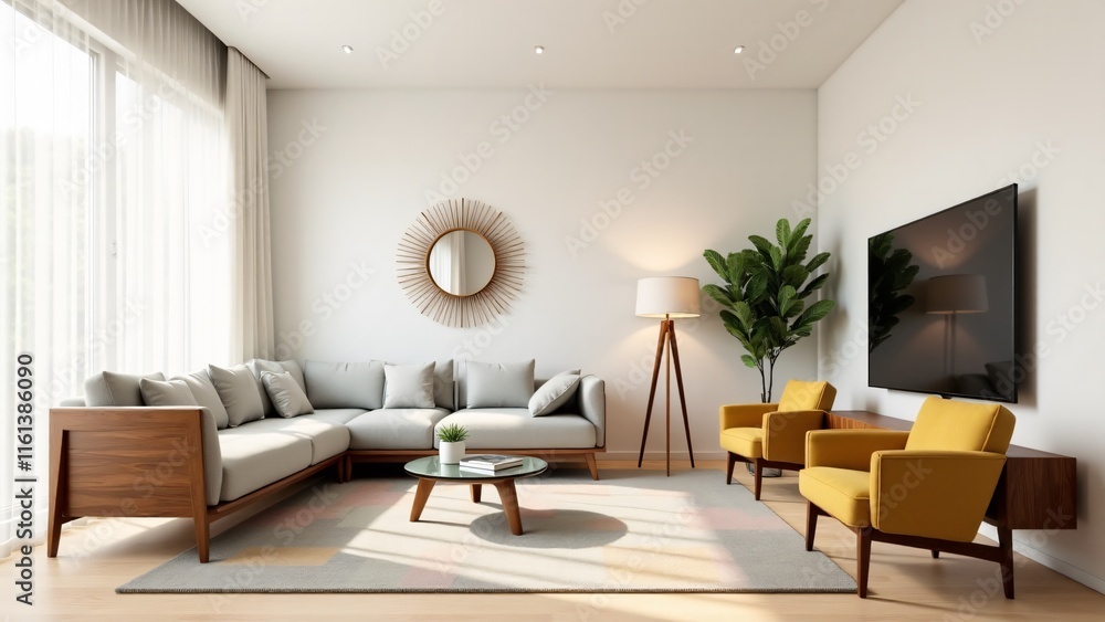 Fototapeta premium A stylish mid-century modern living room with a walnut wood sofa, geometric rug, mustard armchairs, and sunburst mirror. Ideal for lovers of timeless elegance and clean design