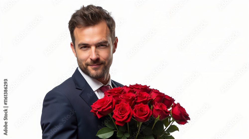 Attractive businessman in a suit with a bouquet of roses on isolated white background Attractive businessman in a suit with a bouquet of roses on isolated white background