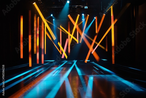 Dramatic Stage Lighting with Orange, Blue, and Yellow Spotlights on Black Floor photo