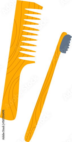 Eco friendly wooden hair comb and toothbrush with grey bristles resting on a white background, highlighting sustainable hygiene practices and promoting a zero waste lifestyle