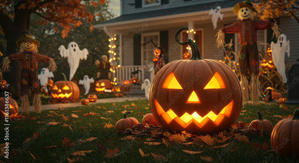Obraz premium Enchanting Halloween Night: Jack-o'-Lanterns Glow on a Spooky Suburban Lawn
