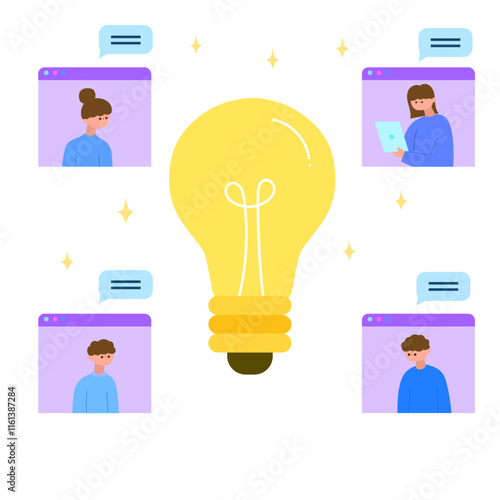 remote brainstorming and idea sharing with team video conference and lightbulb concept flat vector illustration