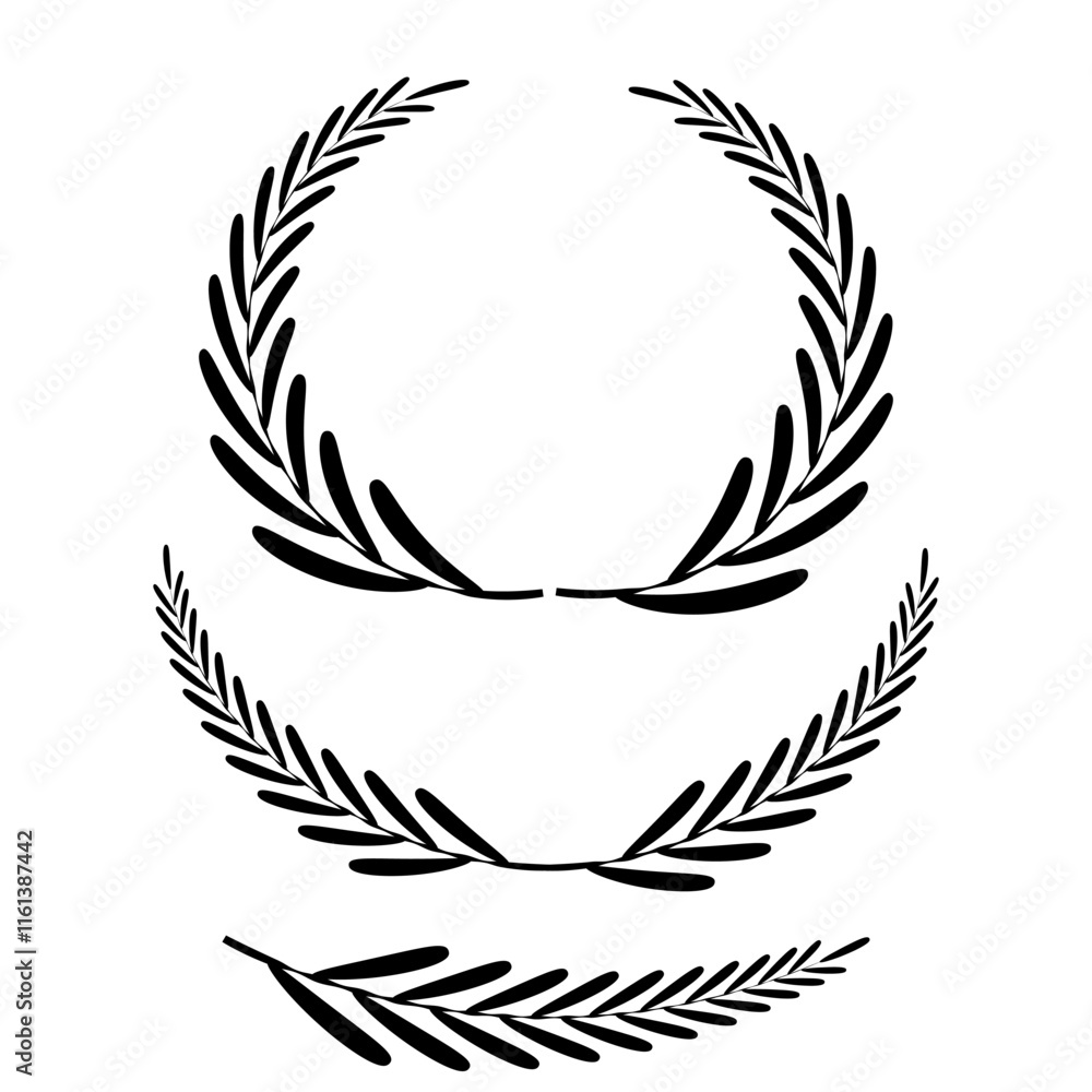Vector black laurels set. Circular foliate laurels branches. Laurel wreath silhouette. Trophy crest. Greek olive branch award, winner round emblem Vector black laurels set. Circular foliate laurels branches. Laurel wreath silhouette. Trophy crest. Greek olive branch award, winner round emblem