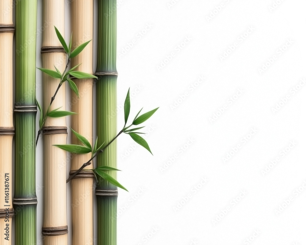 Obraz premium A bamboo fence with soft green and light brown bamboo stalks, neatly stacked horizontally with little sprouting leaves between each section.
