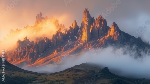 Stunning double exposure of manaraga peak at sunset over the polar ural mountains in russia photo