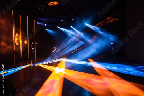 Dramatic Stage Lighting with Orange, Blue, and Yellow Spotlights on Black Floor photo