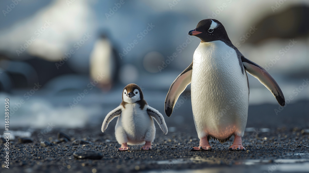 Obraz premium A penguin and a baby penguin walking on a beach
