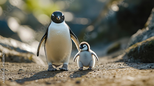 A penguin and a baby penguin walking on a sandy beach