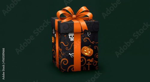 Spooky Halloween Gift Box with Orange Ribbon and Jack-o'-Lantern Design