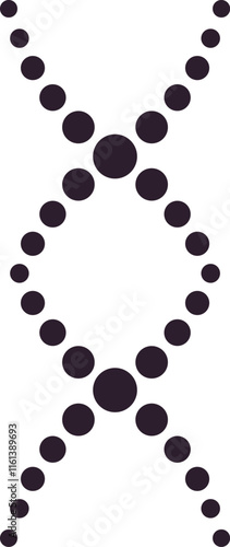 Vertical illustration of a dna double helix forming a circle with dots converging in the center, representing genetic code, genome, chromosome, and biological research