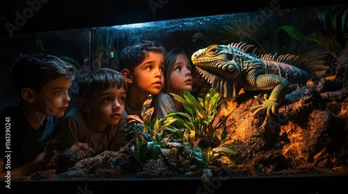 Children observing an iguana in a terrarium, showcasing curiosity and nature exploration.