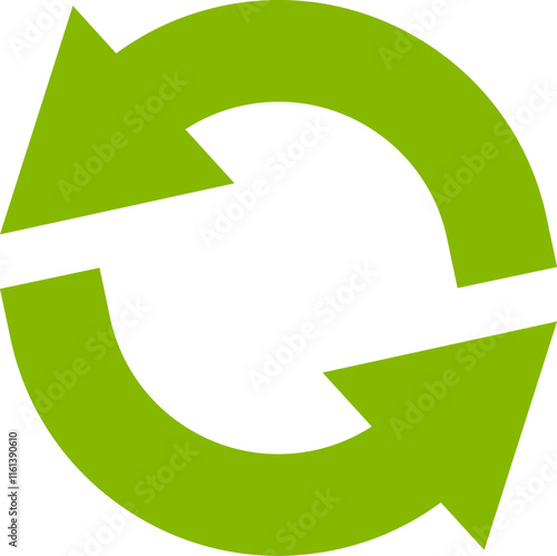 Two green arrows forming a circle symbolize a continuous process of refreshing, recycling, or updating, representing sustainability and circular economy