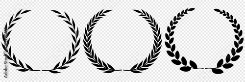 Vector black laurels set. Circular foliate laurels branches. Laurel wreath silhouette. Trophy crest. Greek olive branch award, winner round emblem