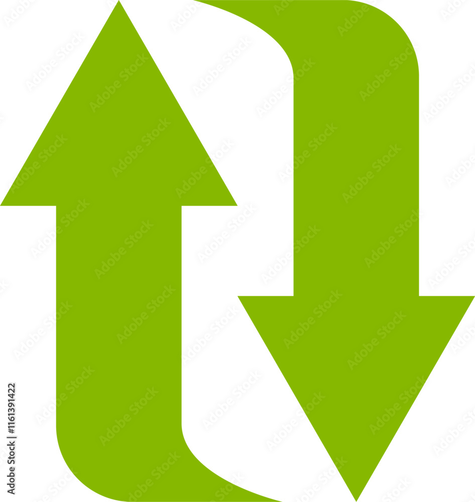 Two curved green arrows pointing up and down, symbolizing concepts like exchange, refresh, upload, download, import, export, give and take, or a two way process Two curved green arrows pointing up and down, symbolizing concepts like exchange, refresh, upload, download, import, export, give and take, or a two way process
