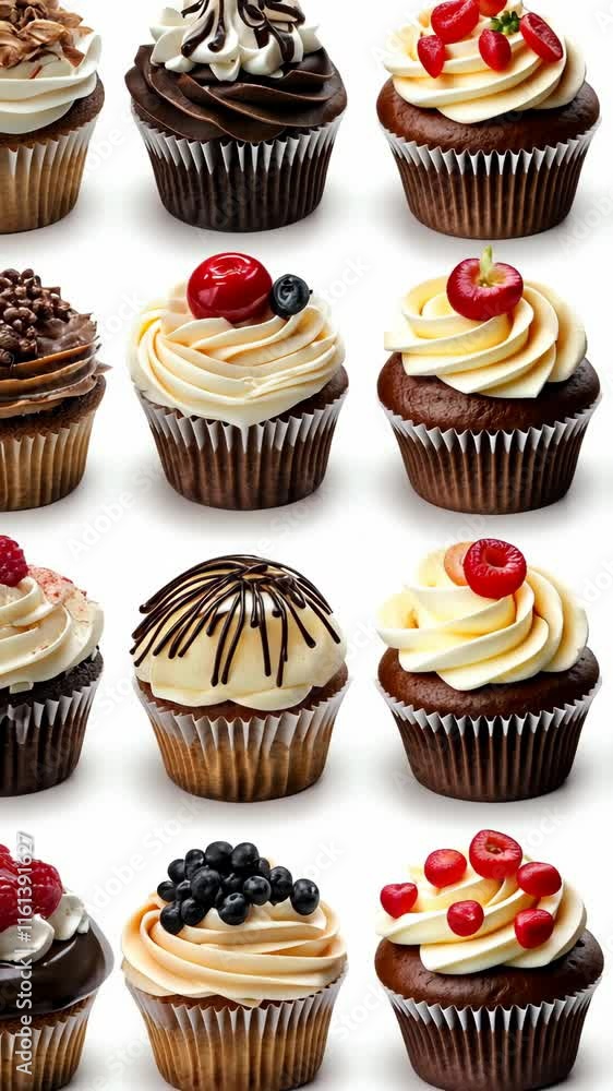 Delicious assortment of cupcakes showcasing various frosting styles and toppings in a delightful arrangement Delicious assortment of cupcakes showcasing various frosting styles and toppings in a delightful arrangement