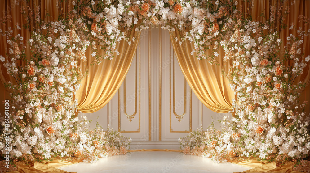 Luxurious wedding or event backdrop with golden drapery, cascading floral arrangements of white and orange blossoms, and ornate wall detailing, creating a regal and sophisticated photography setting Luxurious wedding or event backdrop with golden drapery, cascading floral arrangements of white and orange blossoms, and ornate wall detailing, creating a regal and sophisticated photography setting